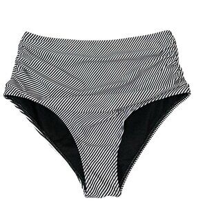 Swim bikini bottom high waisted ruched sides black/white stripped 70's style MD